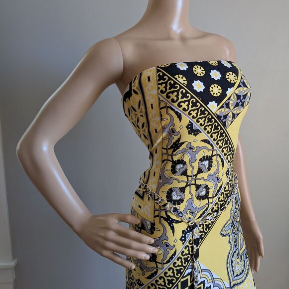 Vintage Y2K Cache Yellow Mixed Print Maxi Dress Chain Belt Strapless Size Large - Picture 10 of 13